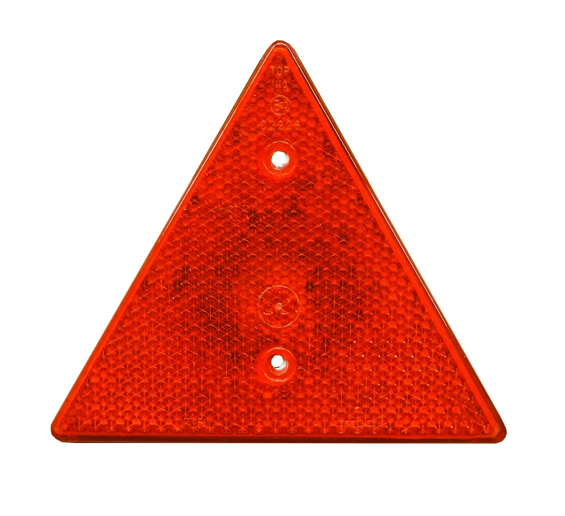 Odrazka trojúhelníková červená , plast s otvory pro šrouby M5